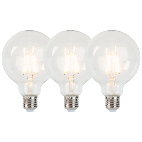 Drei LED-Filament-Leuchtmittel in Globeform mit E27-Sockel aus klarem Glas.