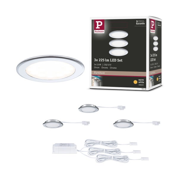Produktverpackung mit technischen Daten für ein LED Einbaustrahler Set von Paulmann inklusive Maßzeichnungen und Montagehinweisen.