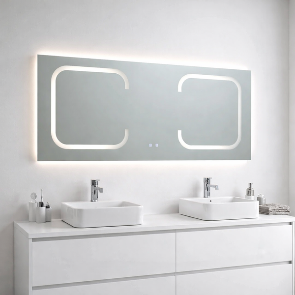 Moderner rechteckiger LED-Badezimmerspiegel mit Hintergrundbeleuchtung über einem weißen Doppelwaschtisch mit zwei Aufsatzbecken.