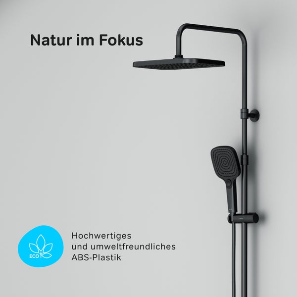 Schwarzes Duschsystem mit Kopfbrause und Handbrause aus umweltfreundlichem ABS Kunststoff