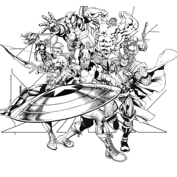 Schwarz-weiße Comiczeichnung der Avengers.