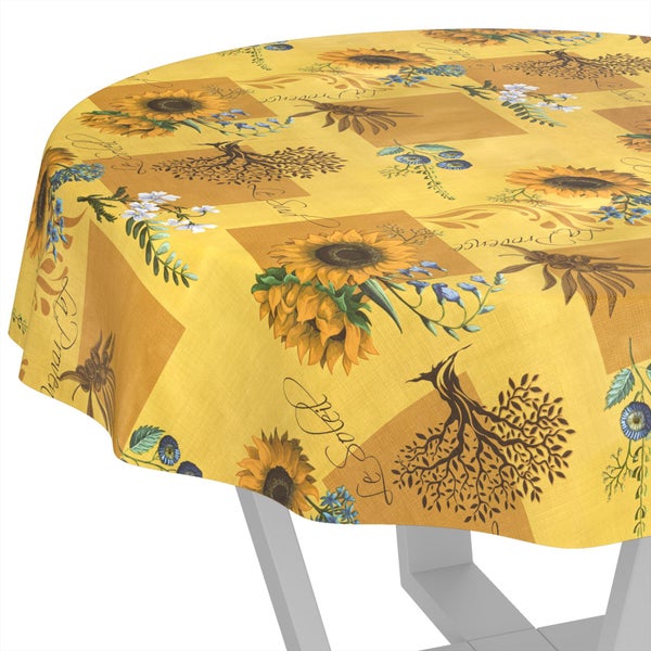 Runde Tischdecke mit Sonnenblumen, Bäumen und dekorativen Schriftzügen.