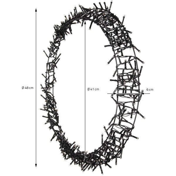 LED Lichterkranz mit Drahtgestell, 48 cm Außendurchmesser, 41 cm Innendurchmesser und 6 cm Tiefe für Dekoration.