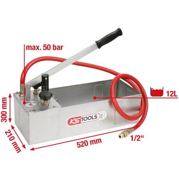 Druckprüfpumpe mit einem maximalen Druck von 50 bar, einem 12 Liter Tank und Abmessungen von 520 x 210 x 300 Millimeter.