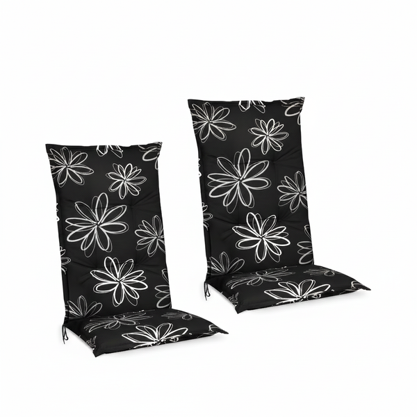 Zwei Hochlehner-Auflagen mit schwarz-weißem Blumenmuster für Gartenstühle.