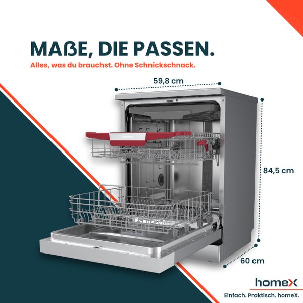 Freistehender Geschirrspüler mit geöffneter Tür und Maßangaben.