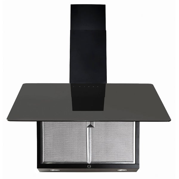 Schwarze Dunstabzugshaube aus Glas und Edelstahl mit Metallfettfiltern und integrierter Beleuchtung.