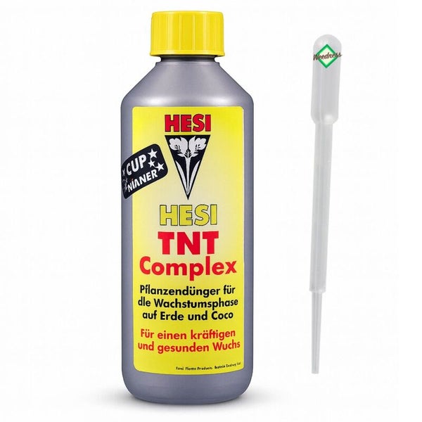 Hesi TNT Complex Pflanzendünger für die Wachstumsphase auf Erde und Coco mit Pipette.
