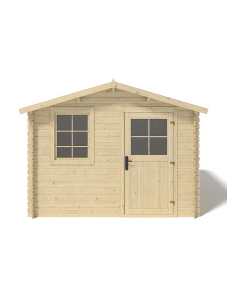 Gartenhaus aus Holz mit einem Fenster und einer Tür mit Sichtfenster im Blockbohlenbauweise