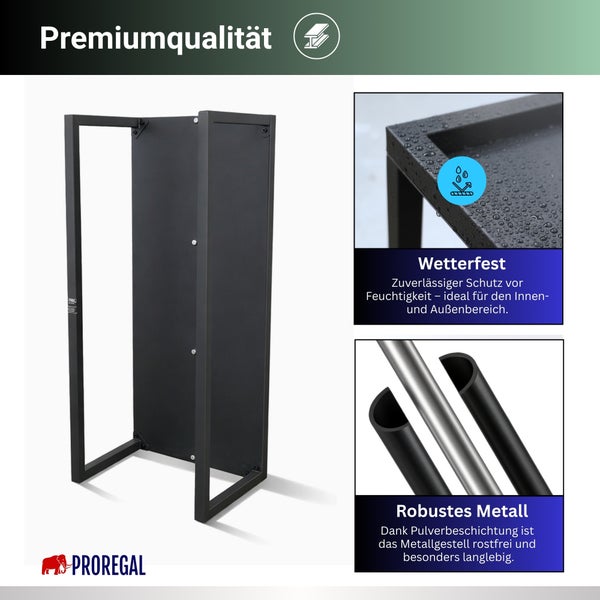 Proregal Brennholzregal in Premium-Qualität aus pulverbeschichtetem Metall, wetterfest und rostfrei für innen und außen. Proregal Logo.
