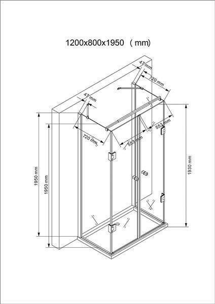 Technische Zeichnung einer Duschkabine mit den Maßen 1200x800x1950 mm.