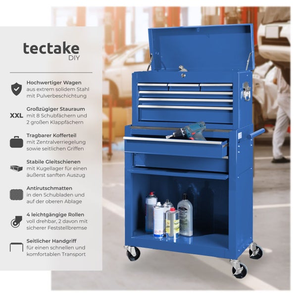 Blauer Werkzeugwagen mit acht Schubfächern und zwei Klappfächern