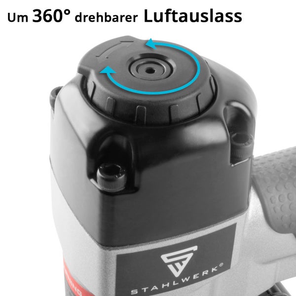 Detailansicht eines Druckluftnaglers mit 360 Grad drehbarem Luftauslass und Stahlwerk Logo