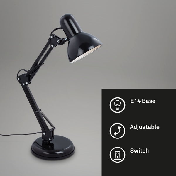 Schwarze Schreibtischlampe mit verstellbarem Arm, E14 Fassung und Schalter.