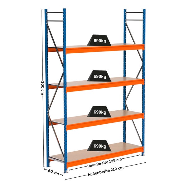 Lagerregal mit vier Regalböden, Belastbarkeit 690 Kilogramm pro Boden, 300 Zentimeter hoch