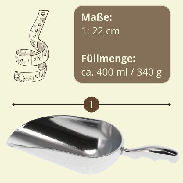 Abbildung einer Futterschaufel mit Maßangaben, circa 22 Zentimeter lang, Füllmenge circa 400 Milliliter oder 340 Gramm