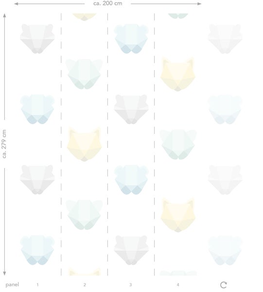 Tapetenmuster mit Tiergesichtern, circa 200 x 279 cm