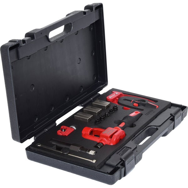 KS TOOLS Flarefix 1 Universal-Bremsleitungs-Bördelgerät-Satz mit Hydraulik-Spindel 16tlg. - 122.1290