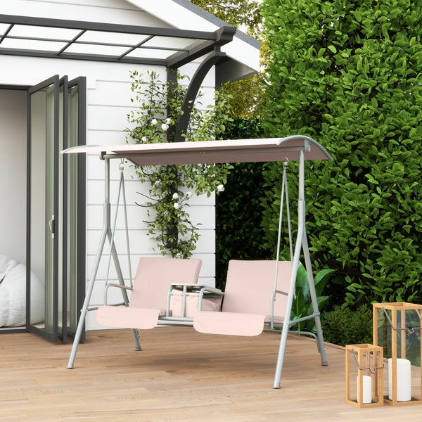 Outsunny Hollywoodschaukel mit Becherhalter und Seitentasche, 2-Sitzer Gartenschaukel mit Sonnendach, Schaukelbank belast bis 180 kg, Gartenliege für Garten, Terrasse, 175 x 112 x 165 cm, Beige