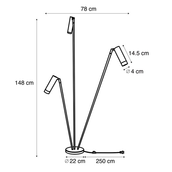 Maßskizze einer Stehleuchte mit drei Armen. Höhe 148 Zentimeter, Breite 78 Zentimeter, Fußdurchmesser 22 Zentimeter, Kabellänge 250 Zentimeter.