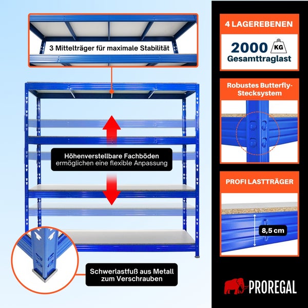 Schwerlastregal von Proregal mit 4 Ebenen, 2000 Kilogramm Traglast, 3 Mittelträgern, höhenverstellbaren Böden, Stecksystem und Metallfüßen.