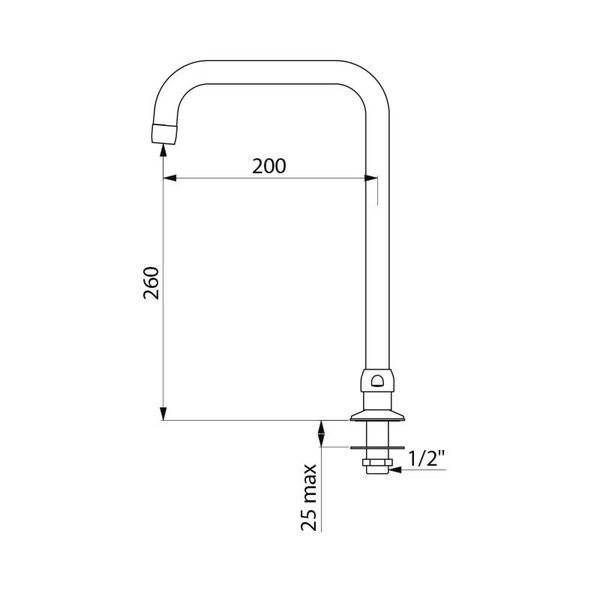 Maßzeichnung Küchenauslauf, Ausladung 200 Millimeter, Höhe 260 Millimeter, maximale Stärke 25 Millimeter, Anschluss 1/2 Zoll.