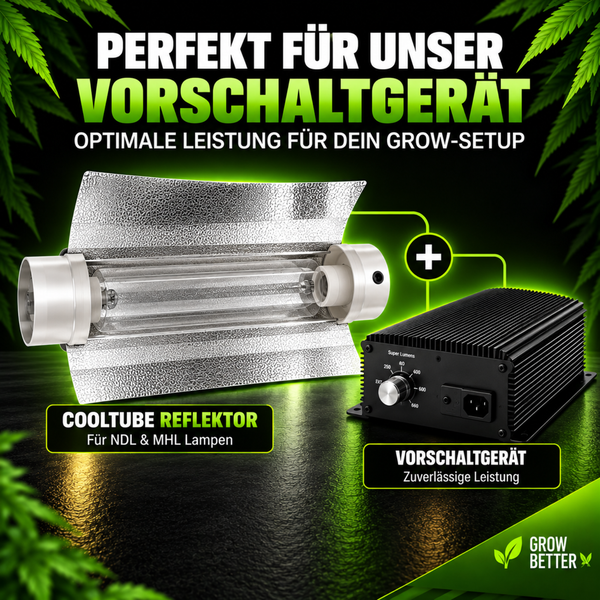 Cooltube Reflektor und elektronisches Vorschaltgerät für die Pflanzenbeleuchtung im Grow Setup.