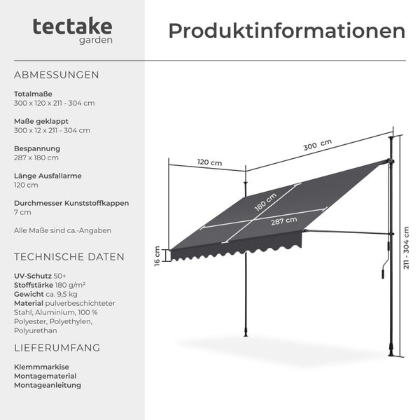 Klemmmarkise tectake  einfache Montage mit Handkurbel schwarz/grau