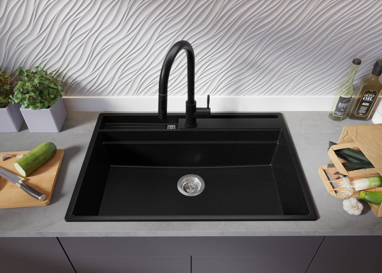 PRIMAGRAN Granitspüle Schwarz 78x53cm, Spülbecken 1 Becken + Küchenarmatur 40x38cm + Ablauf-Set + Küchenzubehörset, Küchenspüle ab 80er Unterschrank - Oslo Pocket