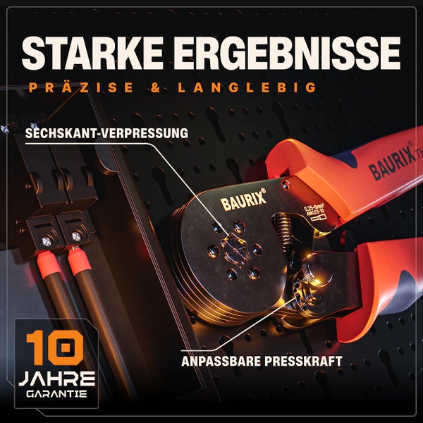 BAURIX® Sechskant Crimpzange für Aderendhülsen, Selbsteinstellende Krimpzange 0,25-6mm², Ergonomische Presszange für isolierte & unisolierte Aderendhülsen, Crimpwerkzeug - Modell: THESEUS (6-Kant)