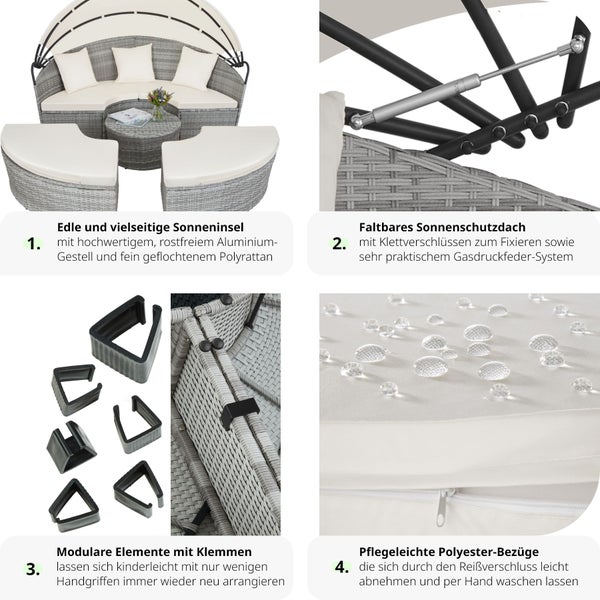 Rattan Sonneninsel tectake Sansibar variabel aufstellbar mit Aluminiumgestell hellgrau