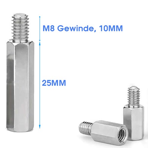 Sechskant-Distanzbolzen aus Metall mit M8 Gewinde, 10 Millimeter Gewindelänge und 25 Millimeter Gehäuselänge.