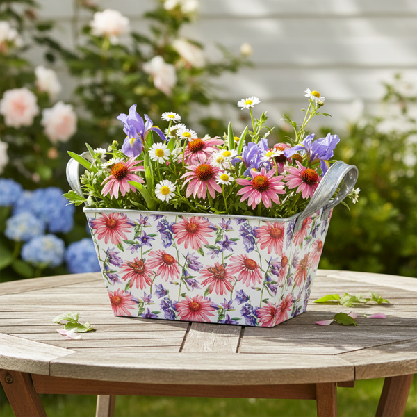Dekorativer Pflanzkasten aus Metall mit floralem Muster, bepflanzt mit bunten Blumen, auf einem runden Holztisch in einem hellen Garten.