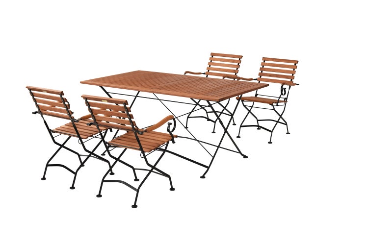 Gartentischset mit vier Armlehnstühlen aus Holz und Metall