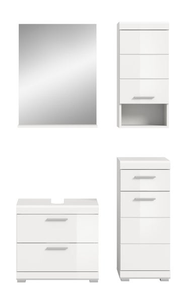 Vierteiliges Badezimmermöbel-Set in Weiß Hochglanz mit Spiegel, Waschbeckenunterschrank, Hängeschrank und Hochschrank.