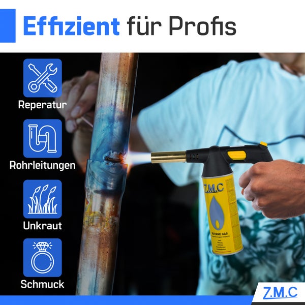 Z.M.C Gasbrenner 1,5 kW + 20 Gaskartuschen, mit Piezo-Zündung, Flambierbrenner bis zu 1300°C, Bunsenbrenner Lötbrenner, Küchenbrenner mit einstellbare Flamme, Gasanzünder Brenneraufsatz für Camping