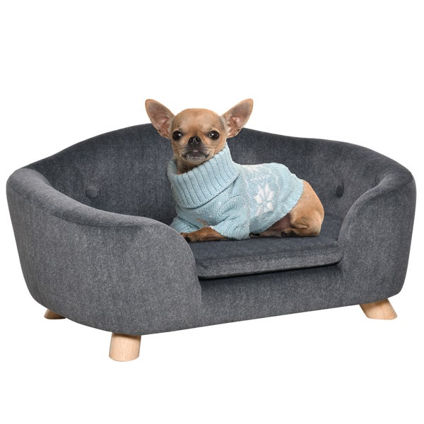 PawHut Haustiersofa Hundematte Hundebett Hundesofa Hundecouch Katzen Sofa mit Kissen Rückentasche Plüsch Schaumstoff Kiefernholz Dunkelgrau 70 x 47 x 30 cm