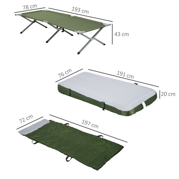 Outsunny Feldbett klappbar Campingbett mit Kopfkissen Matratze Tragetasche Pumpe 193 x 78 cm Gästebett belastbar bis 120 kg Campingliege für Erwachsene Klappbett für Camping Outdoor Reisen Grün