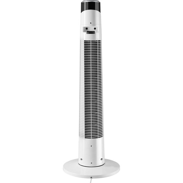 Weißer Turmventilator, Rückansicht mit Lüftungsgitter, Tragegriff und rundem Standfuß.