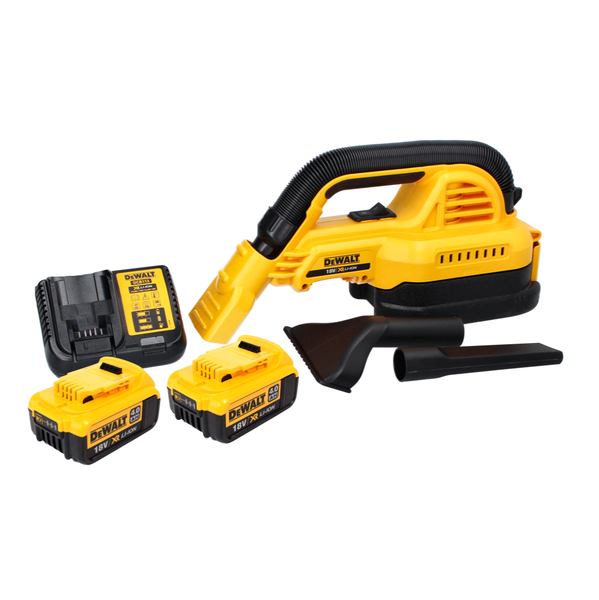Gelb-schwarzer DeWALT Akku-Handsauger mit zwei 18 Volt 4,0 Amperestunden Akkus, Ladegerät und zwei Düsen.