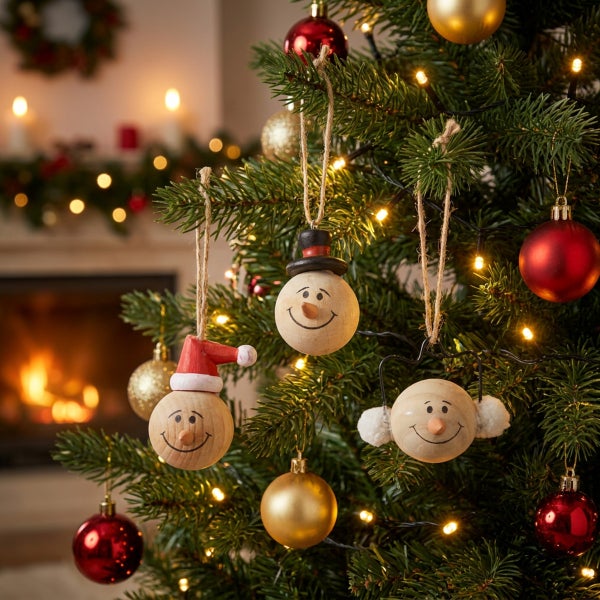 Weihnachtsbaum geschmückt mit hängenden Holzfiguren in Form von Schneemännern und klassischen Kugeln in einem wohnlich dekorierten Raum