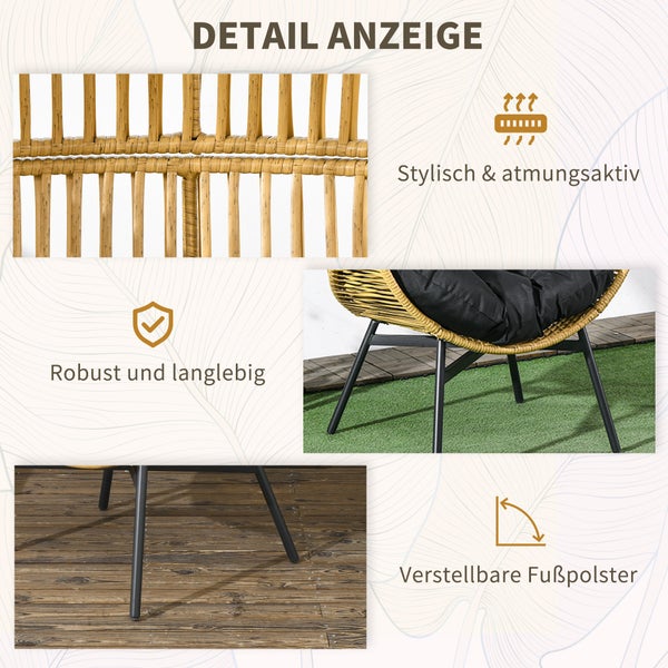 Outsunny Rattansessel, Rattan Korbsessel mit dickem Sitzkissen in Eiform, 120 kg belastbar, 89L x 75B x 143H cm, Stahl, PE Rattan, Sand