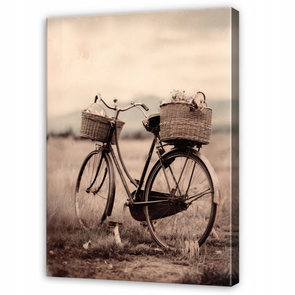 Leinwandbild mit nostalgischem Fahrrad, das mit gefüllten Weidenkörben in einer ländlichen Wiesenlandschaft steht.