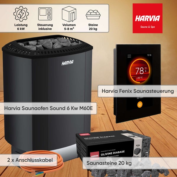 Harvia Saunaofen Sound M60E mit Fenix Steuerung, 6 Kilowatt Leistung, für 5 bis 8 Kubikmeter Volumen, inklusive 20 Kilogramm Saunasteine und Kabel.