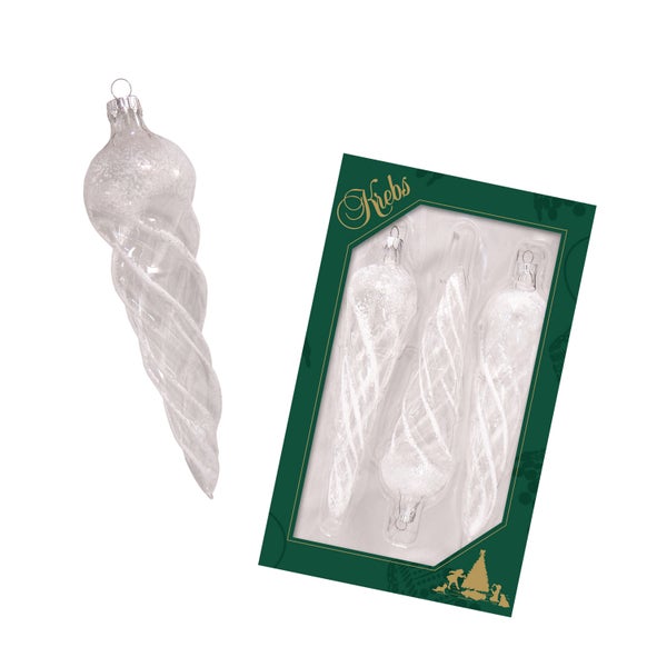 Christbaumschmuck Eis-Zapfen aus Glas mit Drehungen neben Verpackung