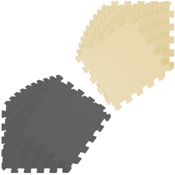 Ineinandergreifende Schaumstoffmatten im Puzzle-Stil für den Boden in Beige und Grau.