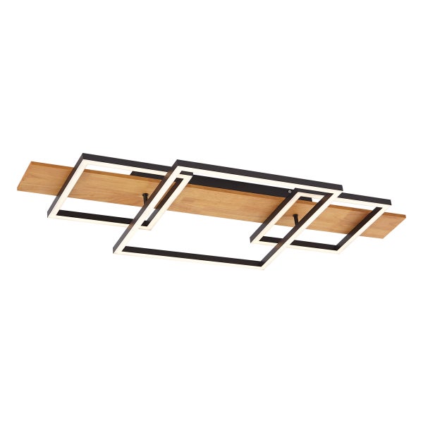 Moderne LED Deckenleuchte mit eckigen Rahmen aus Metall auf einer Holzleiste für eine wohnliche Beleuchtung.