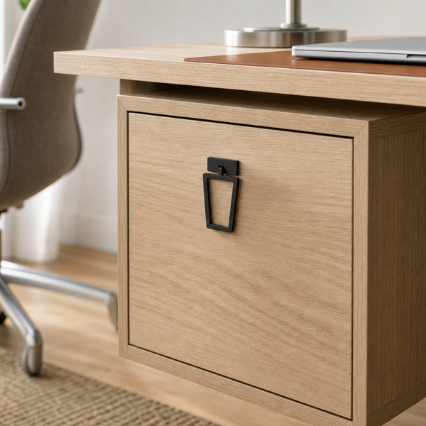 Schwarzer Möbelgriff in Trapezform an einer hellen Holzschublade eines Schreibtischs in einem modern eingerichteten Büro.