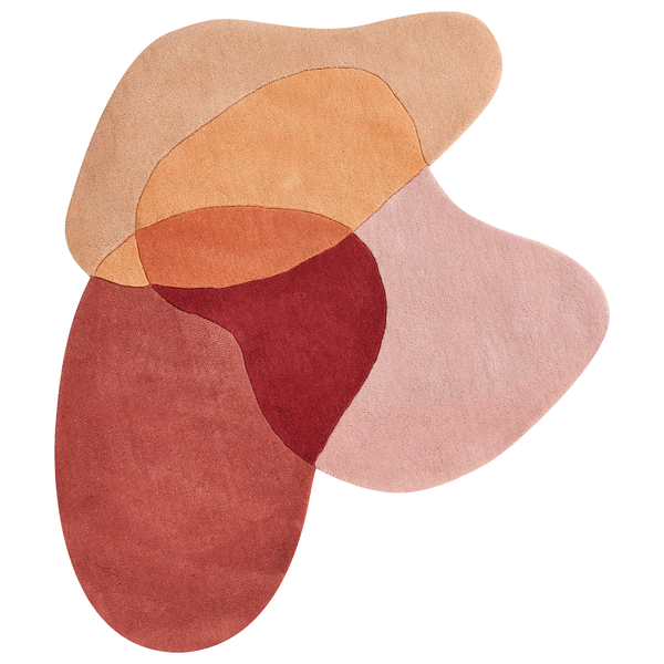 Moderner Teppich mit organischen, überlappenden Formen in Terrakotta, Orange und Rosa.