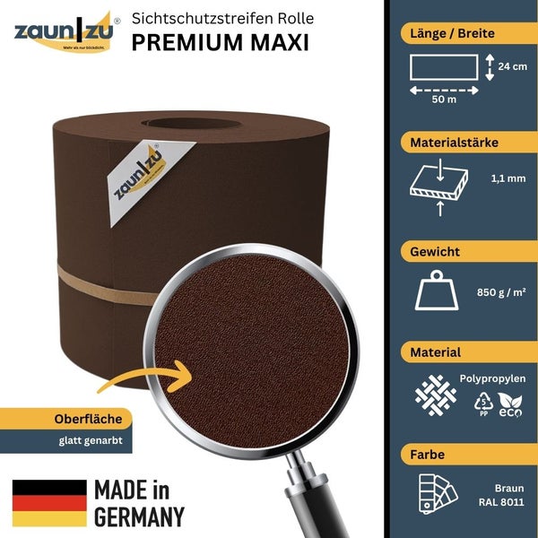 Zaun zu Sichtschutzstreifen Rolle Premium Maxi aus Polypropylen, 50 Meter Länge, 24 cm Breite, 1,1 mm Materialstärke, 850 g/m² Gewicht, Farbe Braun, Made in Germany